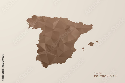 Spain Map - Polygon Style Vector Illustration in Brown Gradient, Low Poly Geometric Design, Isolated on Beige Background for Infographics and Decoration.