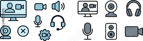 Icons depict various digital tools essential for virtual communication in an office setting. Elements include a webcam, microphone, headset, and video controls used during video calls.