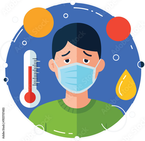 Sick man in face mask with thermometer and fever symptoms vector