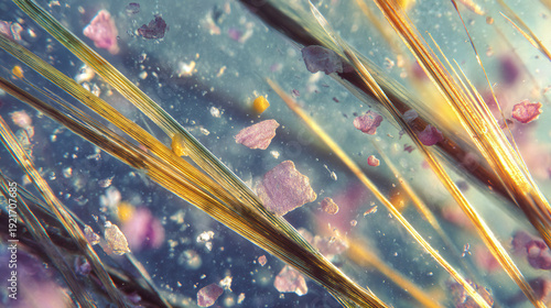 Drone‑view spring meadow with dew‑slick grasses, wildflower petals and stone fragments, high‑contrast chiaroscuro, macro close‑up, nostalgic Portra 400 style