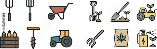 Gardening tools including a fork, wheelbarrow, and a tractor are laid out against a simple background. These tools are essential for planting, harvesting, and maintaining gardens and farms.