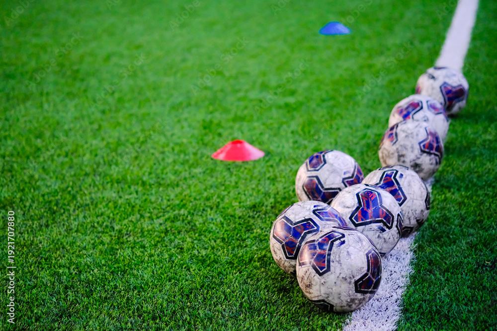 Naklejka premium Soccer balls lined up on field with training cones.