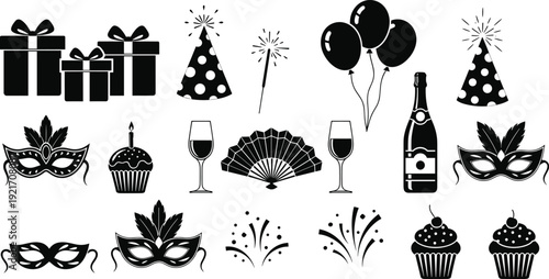 Party celebration icon set silhouette, birthday gifts balloons and masks, festive holiday event elements, carnival masquerade vector illustration, anniversary party graphic design, black.
