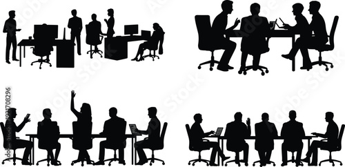 Business meeting silhouette collection, office teamwork icons, corporate discussion artwork, professional collaboration design, workplace conference illustration