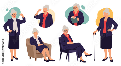 Collection of an elderly woman shown in different activities and poses including sitting, standing with a cane, and writing.