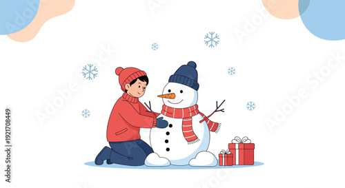 Young boy wearing a warm red coat and hat happily builds a snowman with a carrot nose on a snowy winter afternoon.
