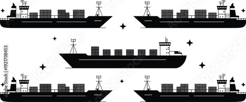 Cargo ship silhouette illustration collection, container vessel icons, maritime transport artwork, global shipping design, logistics industry symbol