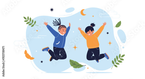 Two happy young girls jumping high with joy among falling autumn leaves and stars under a crescent moon in the sky.