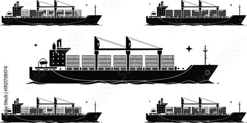 Cargo ship silhouette collection, container vessel icons, maritime transport artwork, global shipping design, logistics industry illustration set