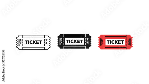 High-quality vector illustration of three blank movie tickets in black, white, and red colors, perfect for cinema promotions, events, and advertising designs.