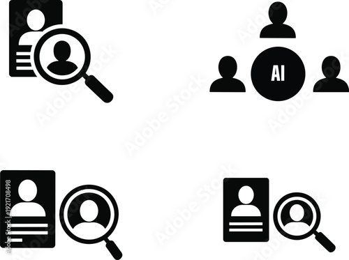 Four icons depicting various concepts of user profiles, search, and artificial intelligence