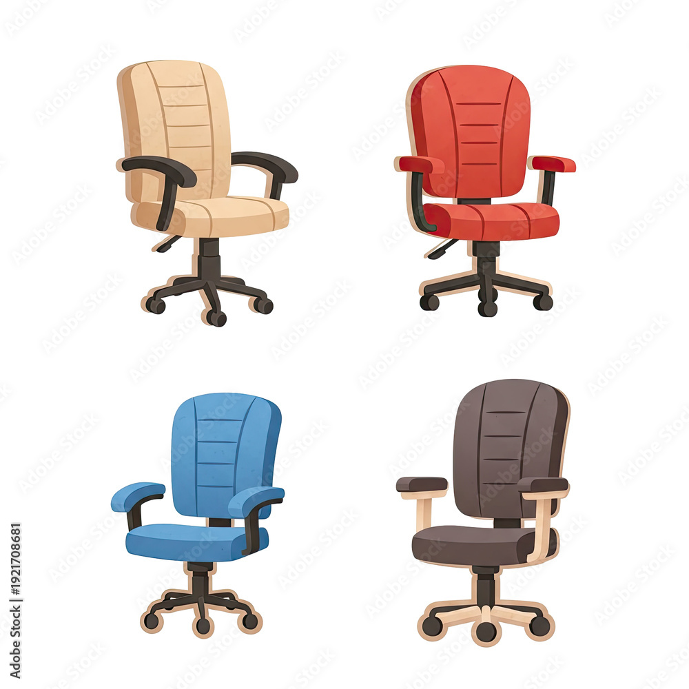 Obraz premium Four ergonomic office chairs are displayed on a transparent background. Each chair features adjustable height, swivel wheels, and armrests. Colors include tan, red, blue, and brown.