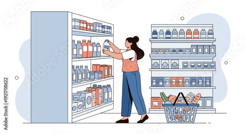 Young woman carefully choosing products from well stocked shelves in a modern supermarket with a full shopping basket.