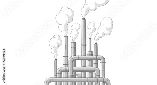 Industrial Factory with Smokestacks Emitting Smoke.