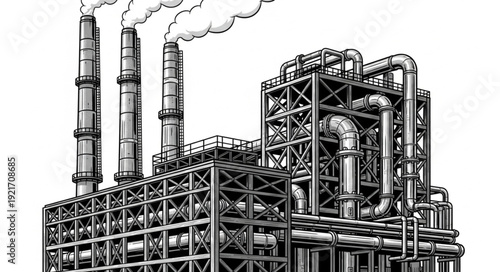 Industrial Factory with Smokestacks Illustration.