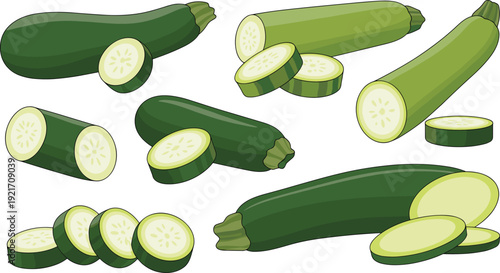 Fresh zucchini vegetable collection, whole and sliced courgette illustrations, healthy food icons, organic green squash design, culinary artwork