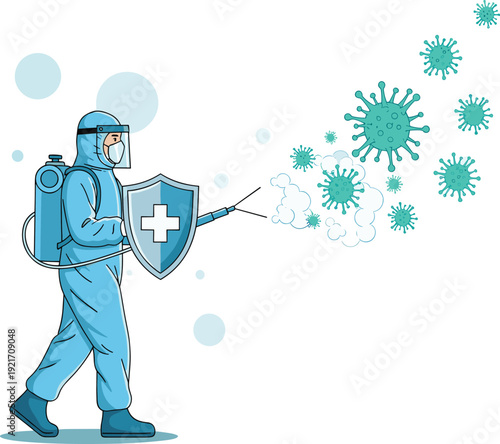 Specialist in hazmat suit with medical shield disinfecting viruses vector