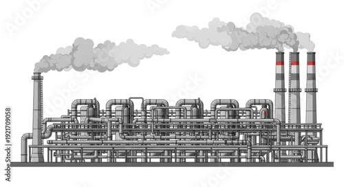 Industrial Factory with Smokestacks Emitting Smoke.