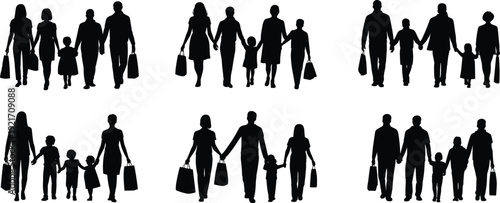 Multiple black silhouette groups of families walking forward together holding hands and carrying shopping bags isolated on a white background.