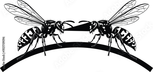 Two black and white wasp silhouettes facing each other on a curved branch, stinging insect vector illustration, hornet pest control graphic design.