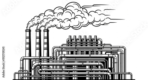 Industrial Factory with Smokestacks Emitting Smoke.