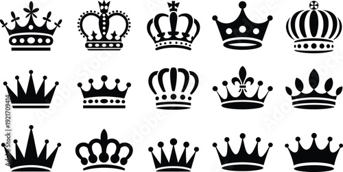Royal crown icon collection, black silhouette crowns, monarchy headwear symbols, luxury regal design, decorative authority artwork illustration