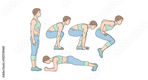 Woman Performing Burpee Exercise Steps Illustration.