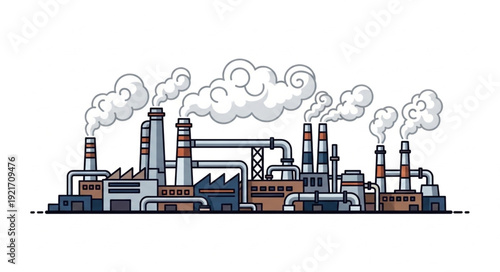 Industrial Factory with Smokestacks Emitting Smoke.