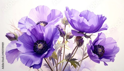 Close-up of lush, purple flowers with dark centers, clustered together, and several buds, against a pale backdrop