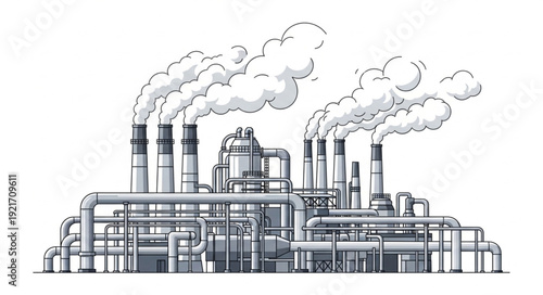 Industrial Factory with Smokestacks Emitting Smoke.