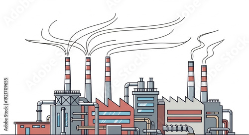 Industrial Factory with Smokestacks Emitting Smoke.