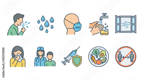 Tuberculosis Prevention Icons: Hygiene, Vaccination, Airing, and Safe Practices for Global Health Awareness in Outline Pastel Vector Infographic.