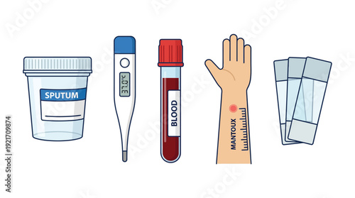 Tuberculosis TB Diagnostic Tools: Sputum, Blood, Thermometer, Mantoux Skin Test, and Microscope Slides for Medical Health Screening. Flat Line Art Illustration on White Background.