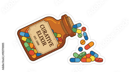 Curative Elixir Bottle, Pills Spilling Medicine for Tuberculosis Cure, Pharmacy. Flat Cartoon, Bright Colors, Isolated Vector Sticker.