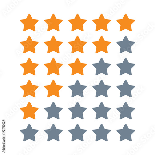 Star rating feedback grid icon set in orange and gray. Five star customer feedback rating icon collection
