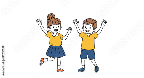 Two cheerful young children wearing yellow shirts waving their hands excitedly while standing on a white background.