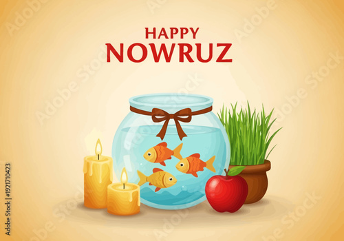 Happy nowruz celebration with fish bowl, candles, apple, and wheatgrass