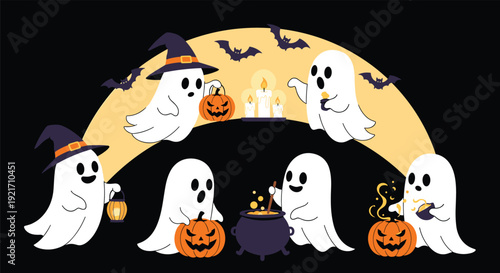Playful ghosts with jack o lanterns and a magic cauldron gathering under the moonlight for a Halloween celebration.
