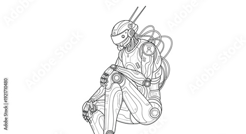 Detailed line art illustration of a futuristic humanoid robot sitting down with complex mechanical parts and wires.