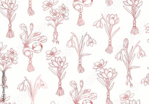 Seamless pattern of delicate pink line art spring flowers