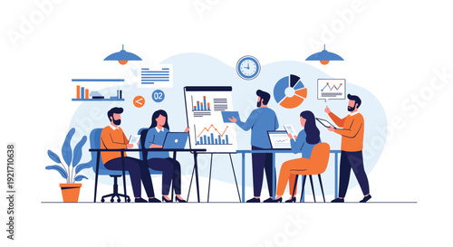 Team of business colleagues working together and analyzing various data charts during a collaborative office meeting.