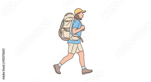 Man Walking with Backpack and Baseball Cap.
