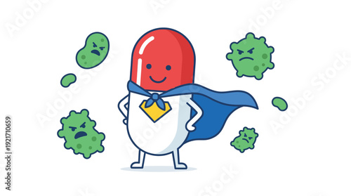 Superhero Pill Capsule Defending Against Tuberculosis Bacteria, Medicine and Health Concept, Flat Design with Bright Colors, Vector Illustration Isolated on White Background