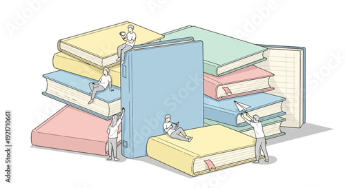 People interacting with large colorful books.