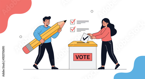 Voters participating in an election with a woman casting her ballot and a man holding a giant pencil for registration.