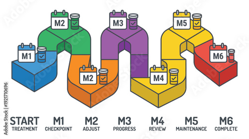 Tuberculosis Treatment Plan Infographic, showing multi-month regimen progress with Medicine Bottles & Calendars for Healthcare & Patient Journey, a Colorful Flat Isometric Vector on White.