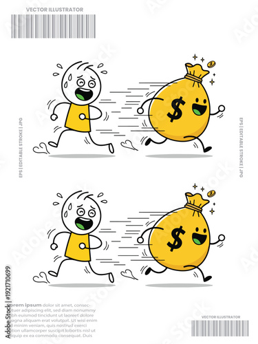 Chasing Money Cartoon, Panicked Yellow Character Running After Flying Money Bag
