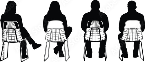 People sitting on chair back view silhouette set, men and women black vector isolated illustration collection