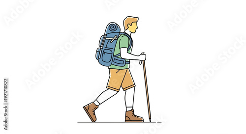 Hiker with Backpack and Trekking Poles Walking.