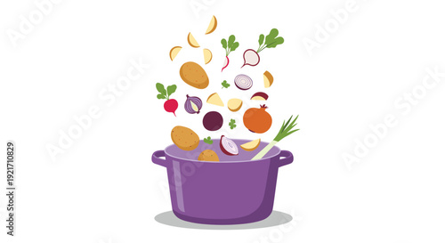 Various fresh vegetables like potatoes and onions falling into a large purple cooking pot to prepare a healthy meal.
